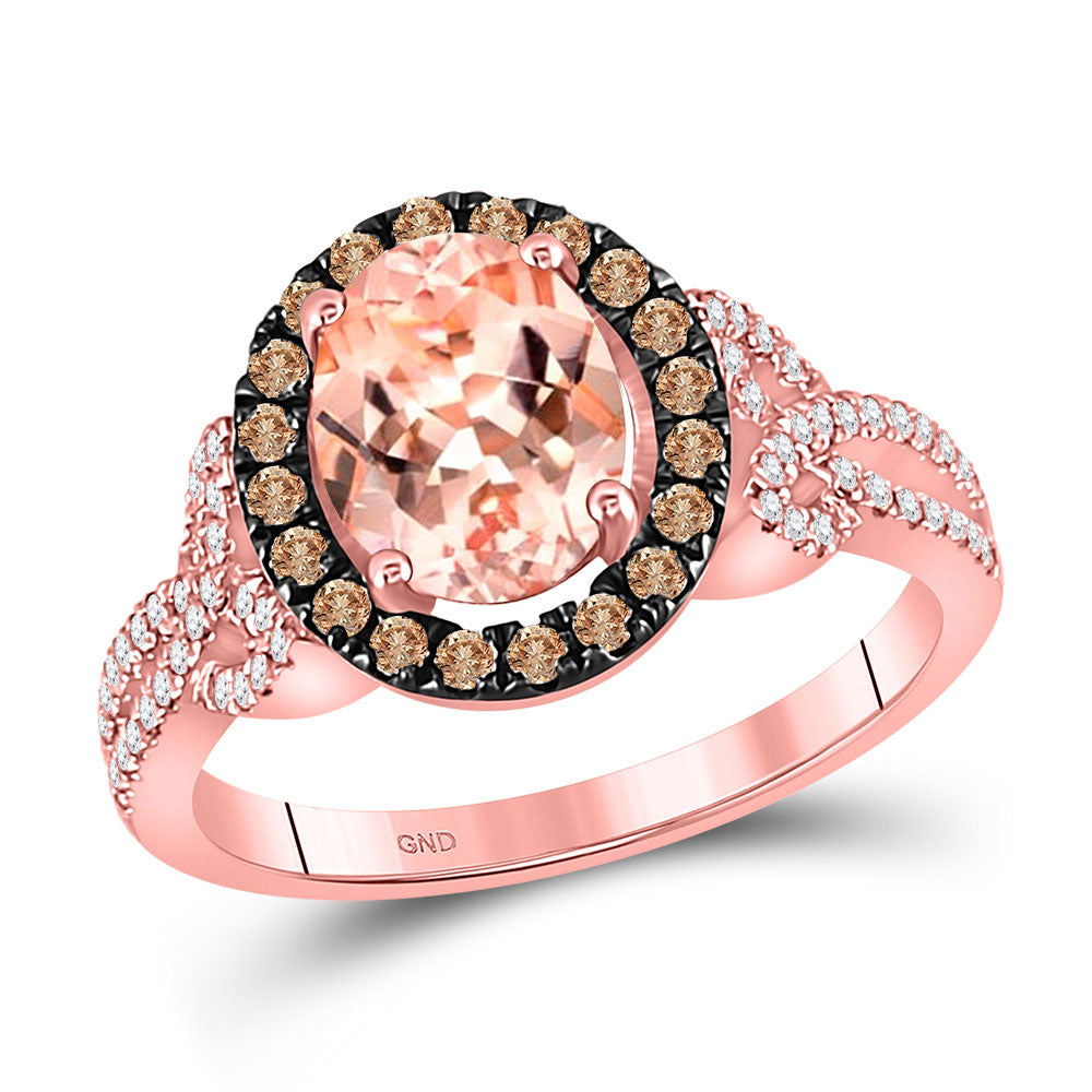 10kt Rose Gold Womens Oval Morganite Brown Diamond Solitaire Ring 2-1/3 Cttw