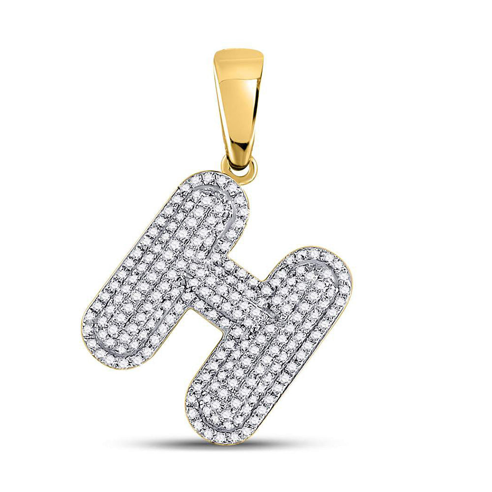 10kt Yellow Gold Mens Round Diamond Letter H Bubble Initial Charm Pendant 5/8 Cttw