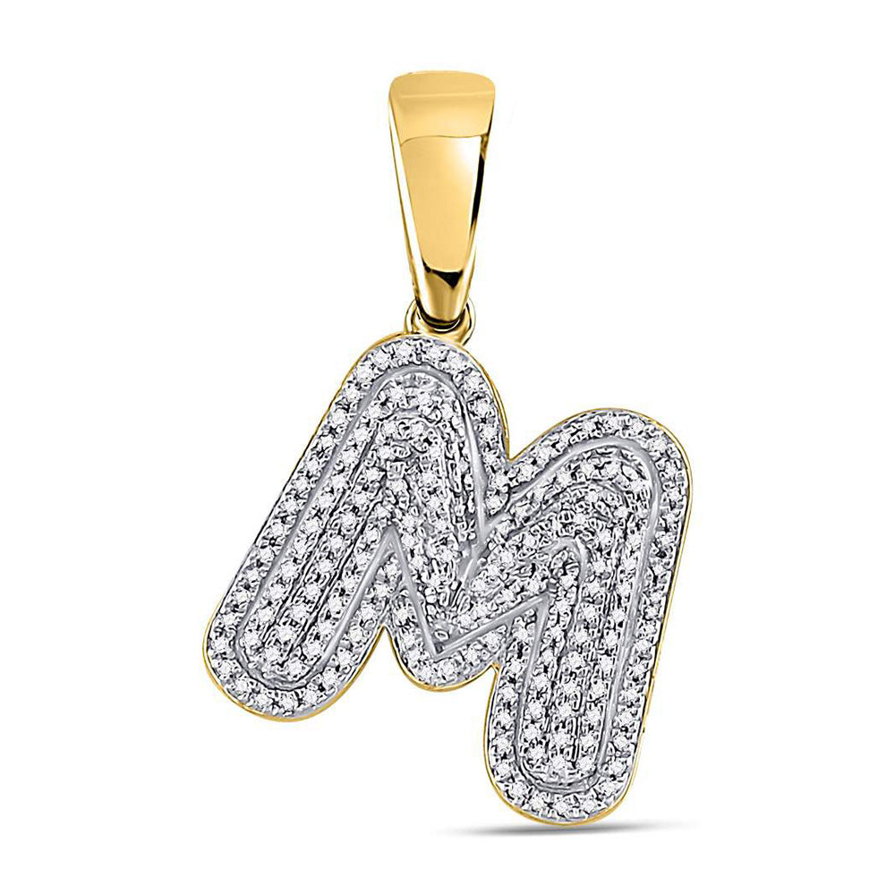 10kt Yellow Gold Mens Round Diamond Letter M Bubble Initial Charm Pendant 1/2 Cttw