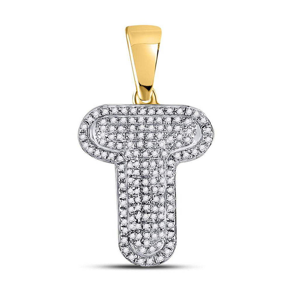 10kt Yellow Gold Mens Round Diamond Letter T Bubble Initial Charm Pendant 3/8 Cttw