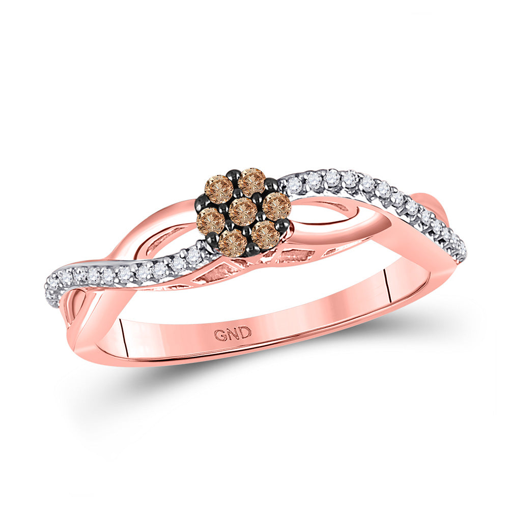 10kt Rose Gold Womens Round Brown Diamond Cluster Twist Ring 1/6 Cttw