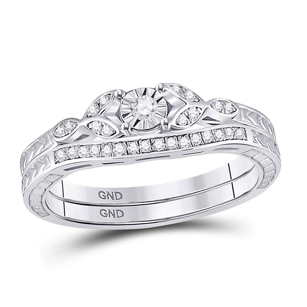 Sterling Silver Round Diamond Bridal Wedding Ring Band Set 1/8 Cttw