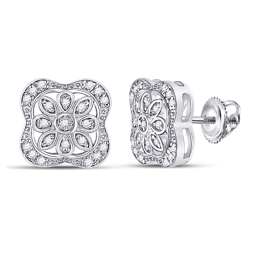 Sterling Silver Womens Round Diamond Flower Fashion Earrings 1/8 Cttw