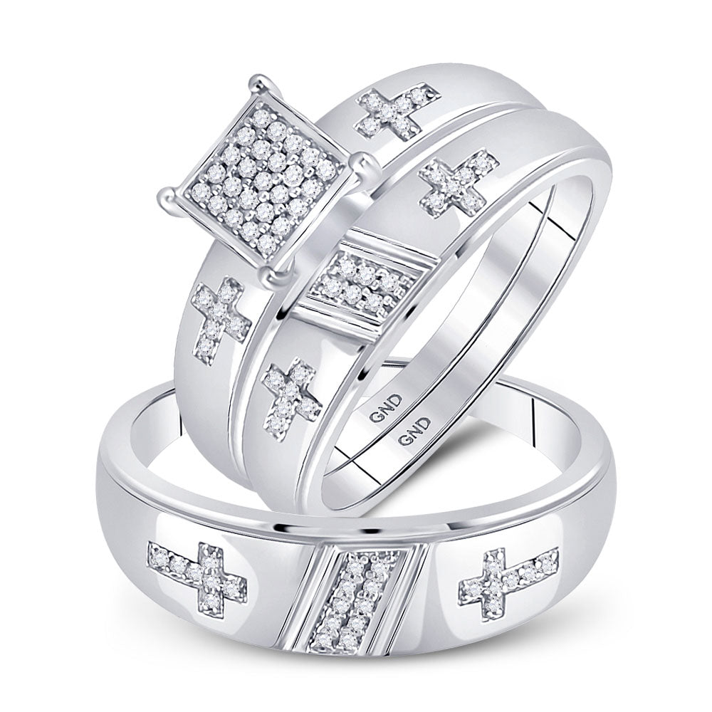 10kt White Gold His Hers Round Diamond Cross Matching Wedding Set 1/12 Cttw