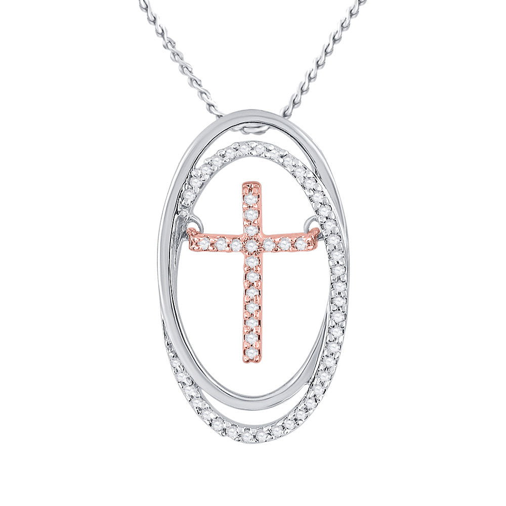 10kt Two-tone Gold Womens Round Diamond Oval Moving Cross Pendant 1/8 Cttw