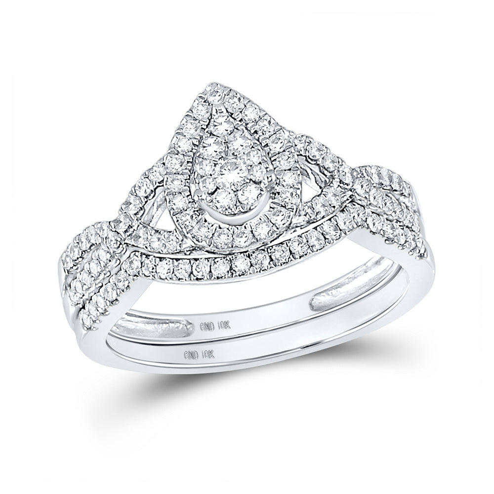 10kt White Gold Round Diamond Teardrop Bridal Wedding Ring Band Set 1/2 Cttw