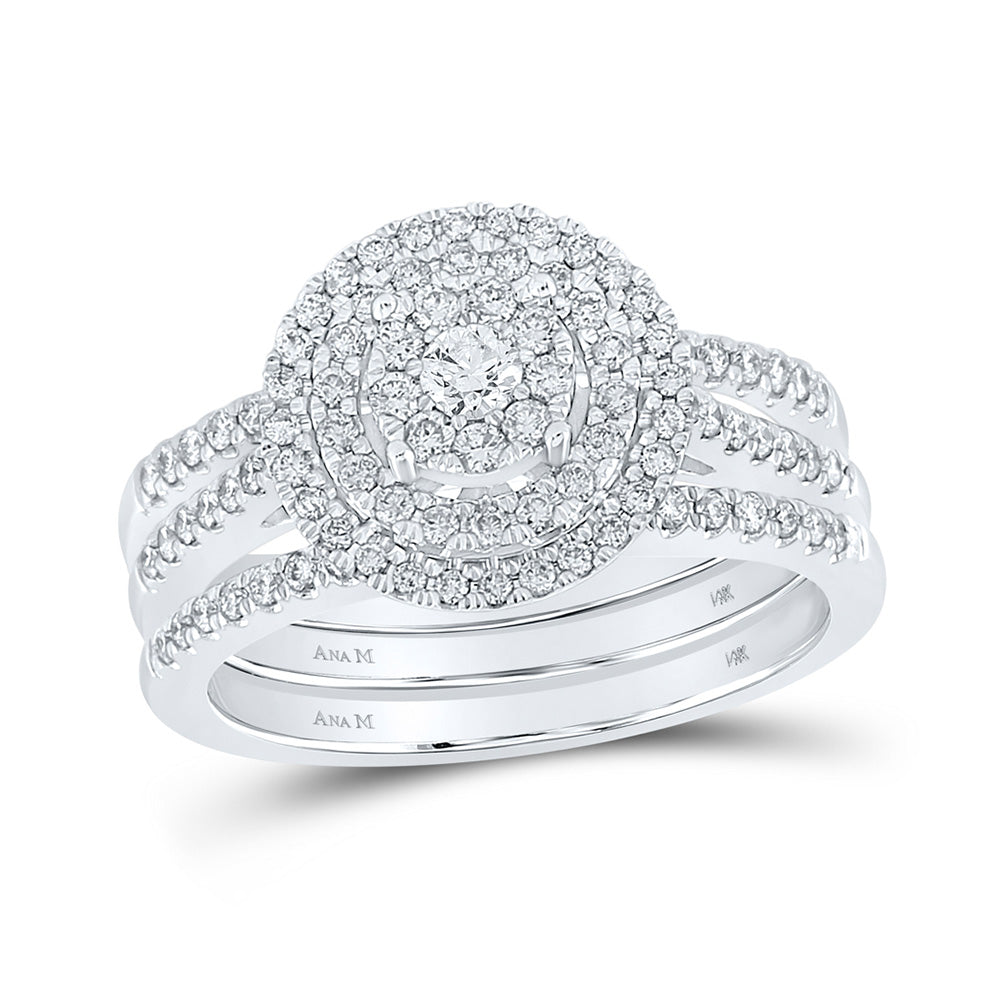 14kt White Gold Round Diamond Cluster Bridal Wedding Ring Band Set 3/4 Cttw