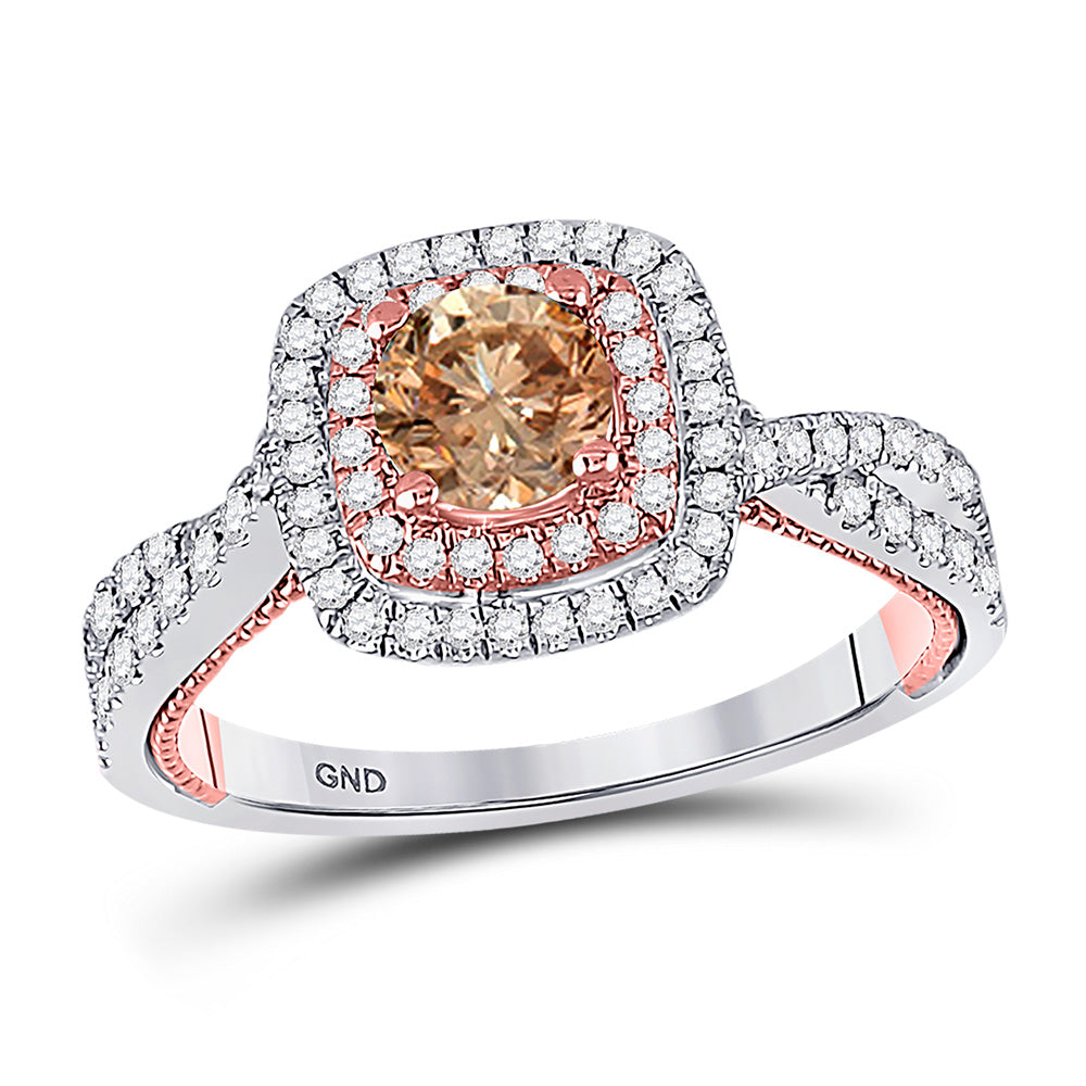 14kt Two-tone Gold Round Brown Diamond Solitaire Bridal Wedding Engagement Ring 1 Cttw
