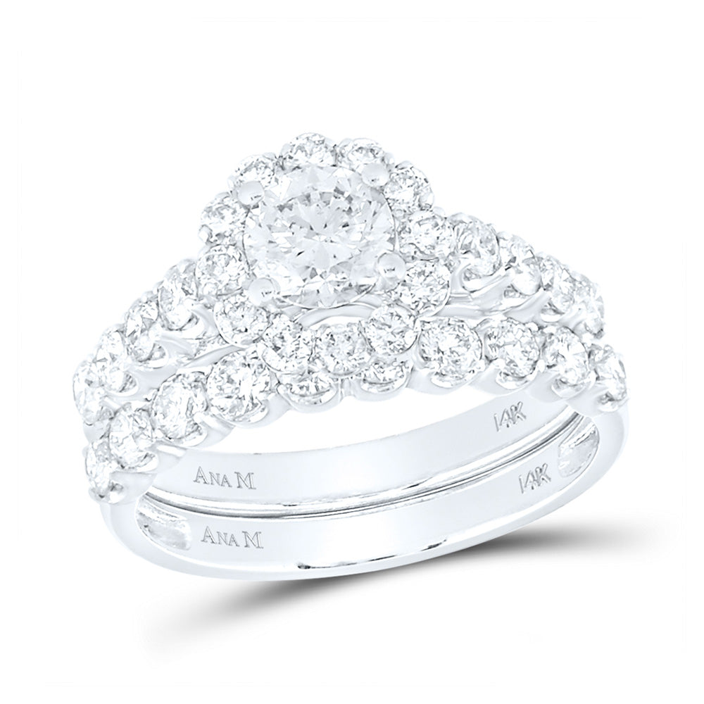 14kt White Gold Round Diamond Bridal Wedding Ring Band Set 2 Cttw