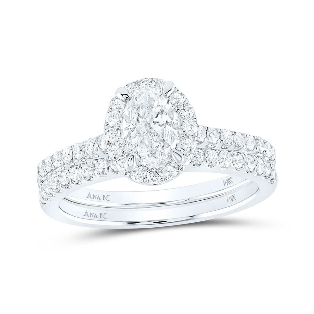 14kt White Gold Oval Diamond Bridal Wedding Ring Band Set 1-1/3 Cttw