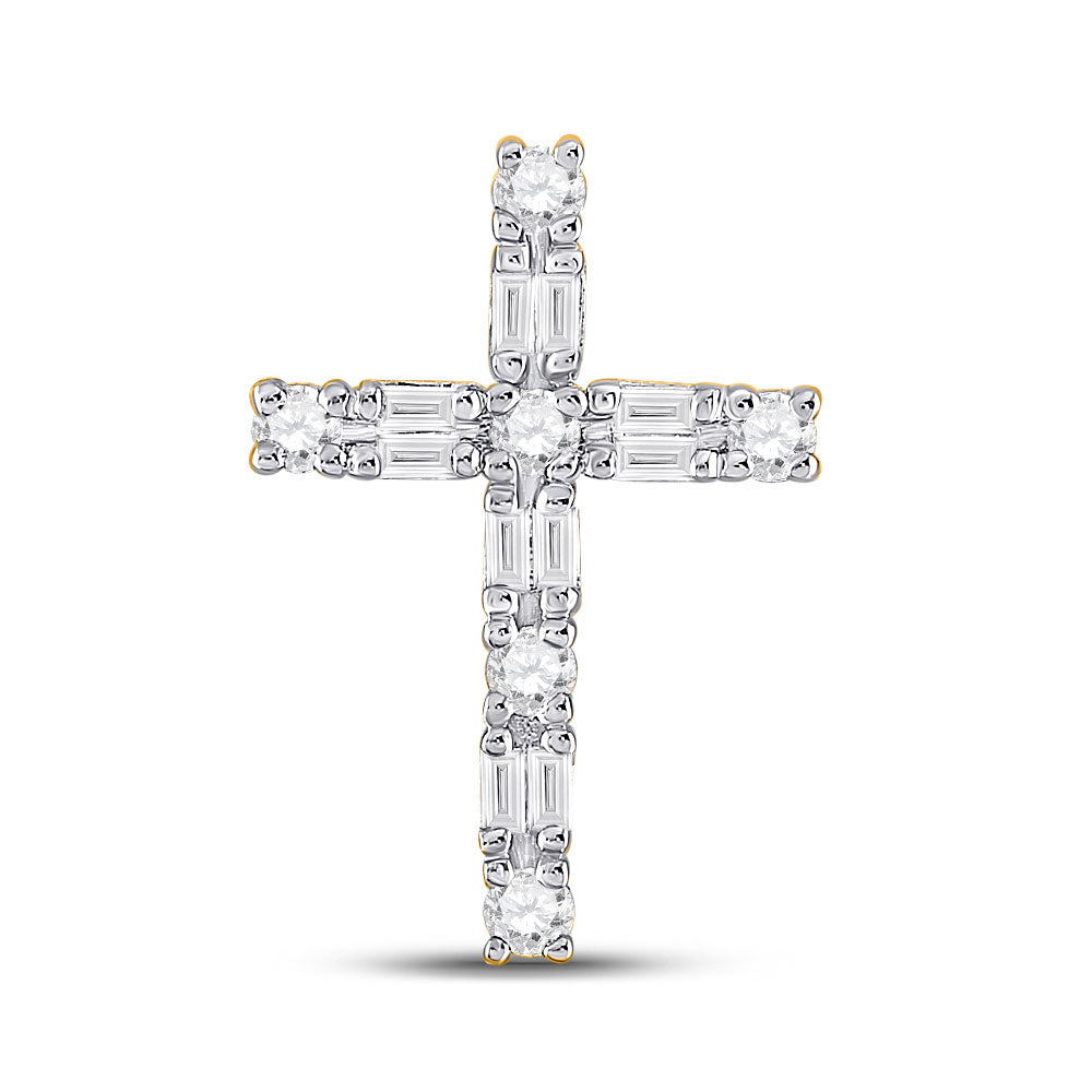 14kt Yellow Gold Womens Baguette Round Diamond Cross Pendant 1/4 Cttw