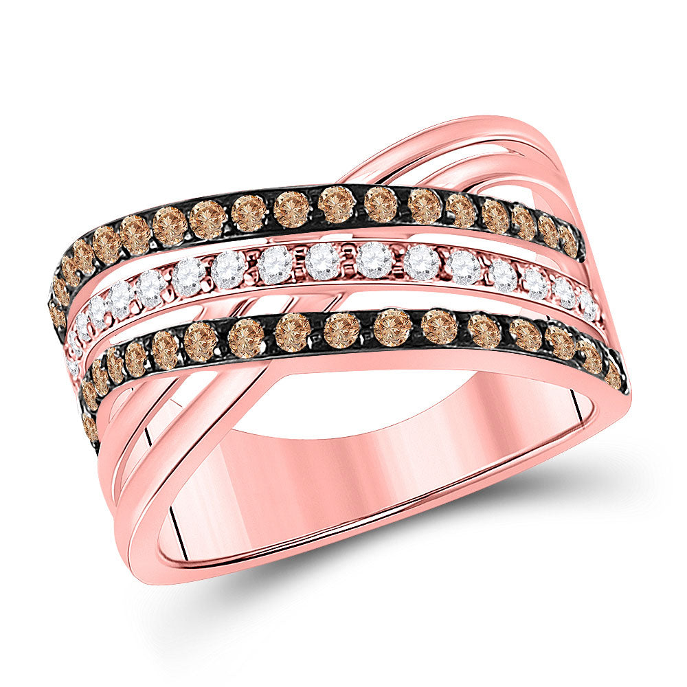 10kt Rose Gold Womens Round Brown Diamond Crossover Cocktail Ring 7/8 Cttw