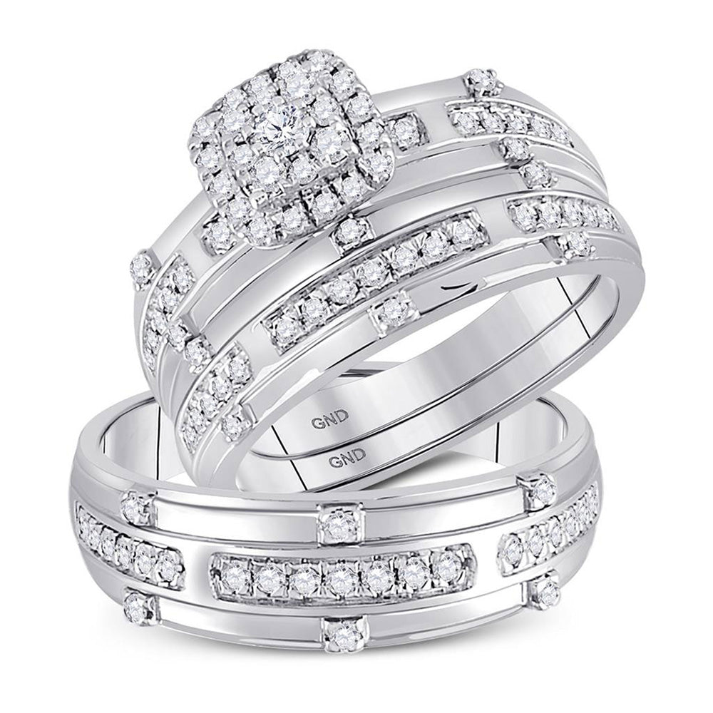 14kt White Gold His Hers Round Diamond Halo Matching Wedding Set 3/4 Cttw