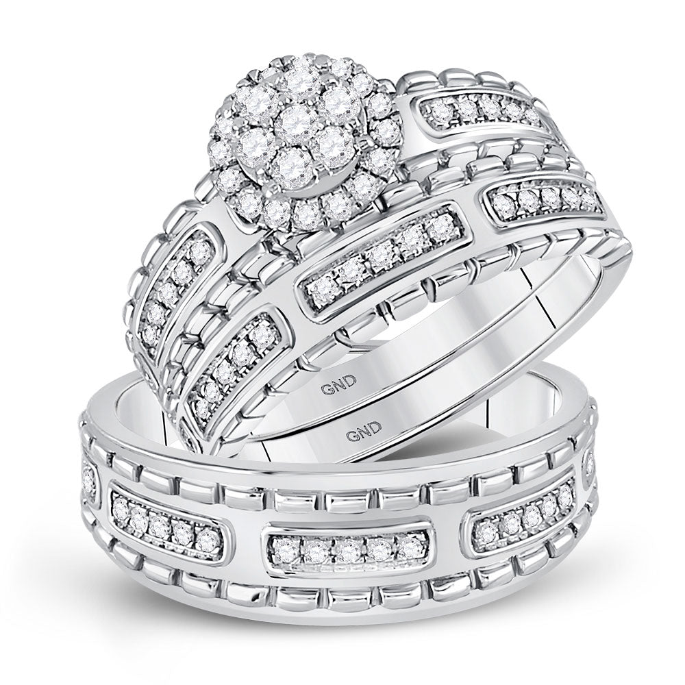 14kt White Gold His Hers Round Diamond Cluster Matching Wedding Set 5/8 Cttw