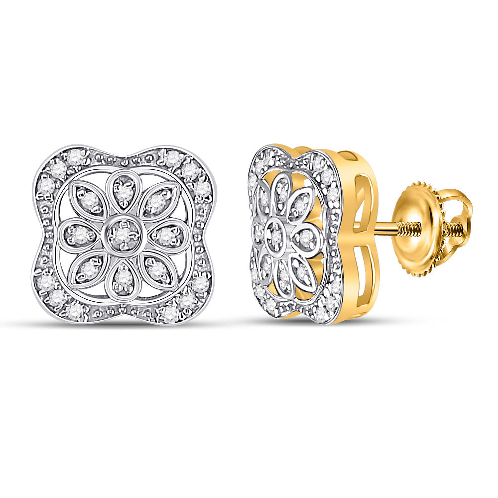 Yellow-tone Sterling Silver Womens Round Diamond Floral Fashion Earrings 1/8 Cttw