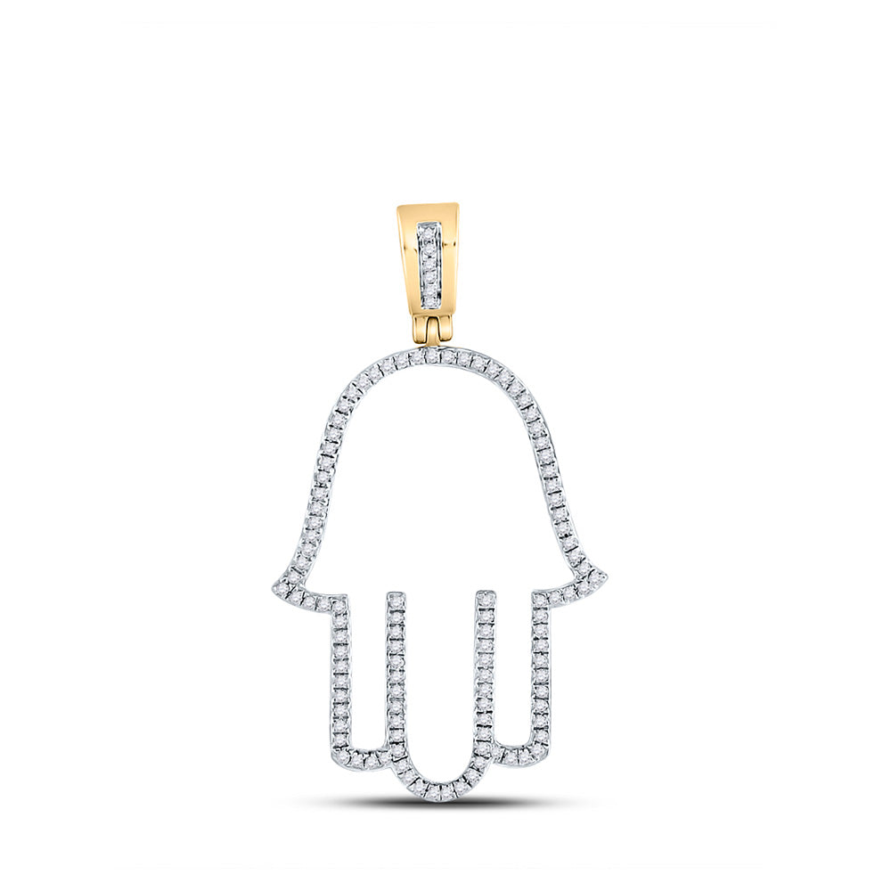10kt Yellow Gold Mens Round Diamond Hamsa Fatima Hand Charm Pendant 1/3 Cttw