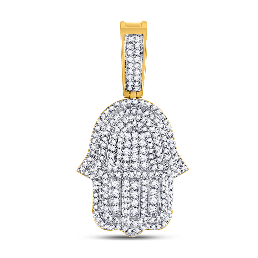 10kt Yellow Gold Mens Round Diamond Hamsa Fatima Hand Charm Pendant 1-7/8 Cttw