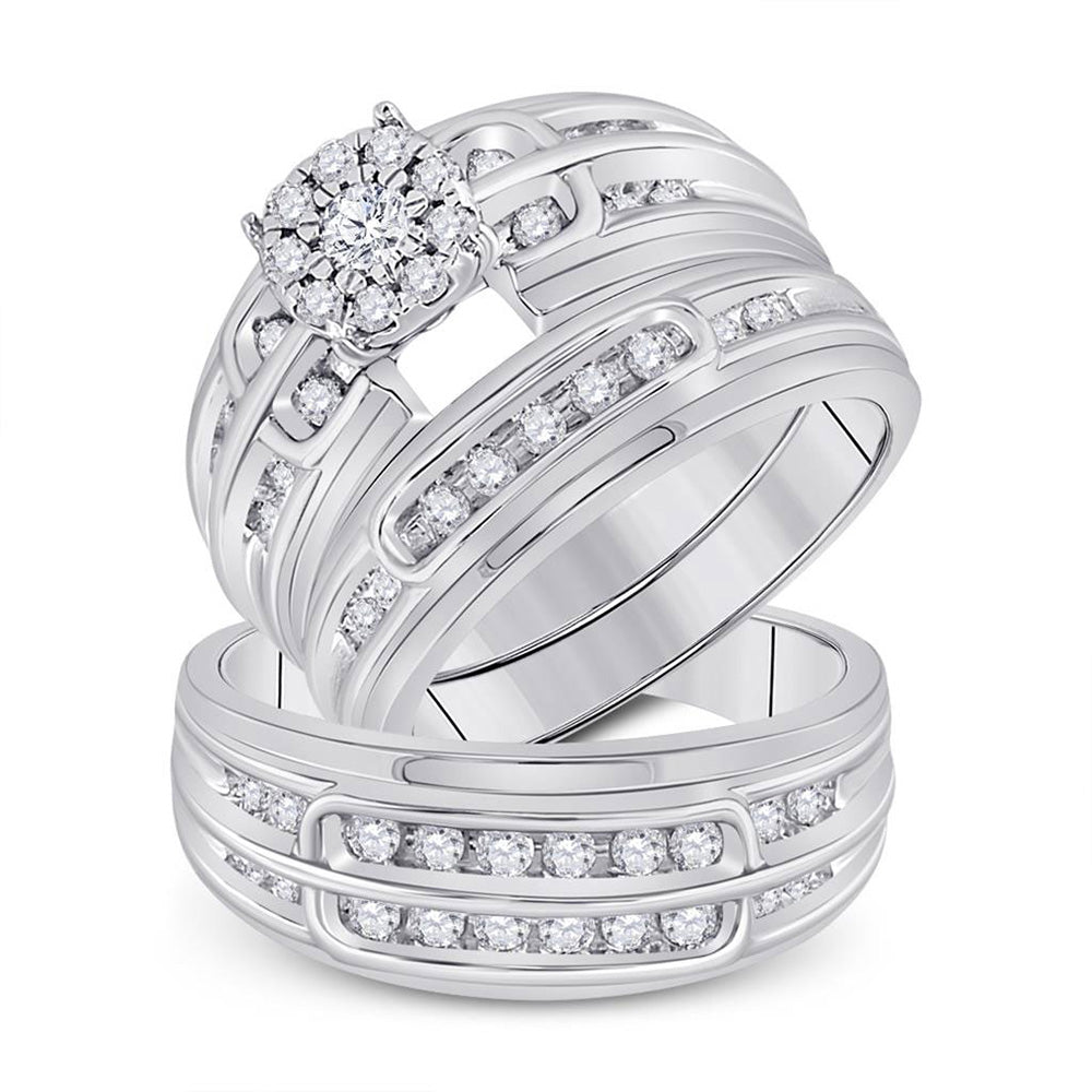 10kt White Gold His Hers Round Diamond Cluster Matching Wedding Set 7/8 Cttw
