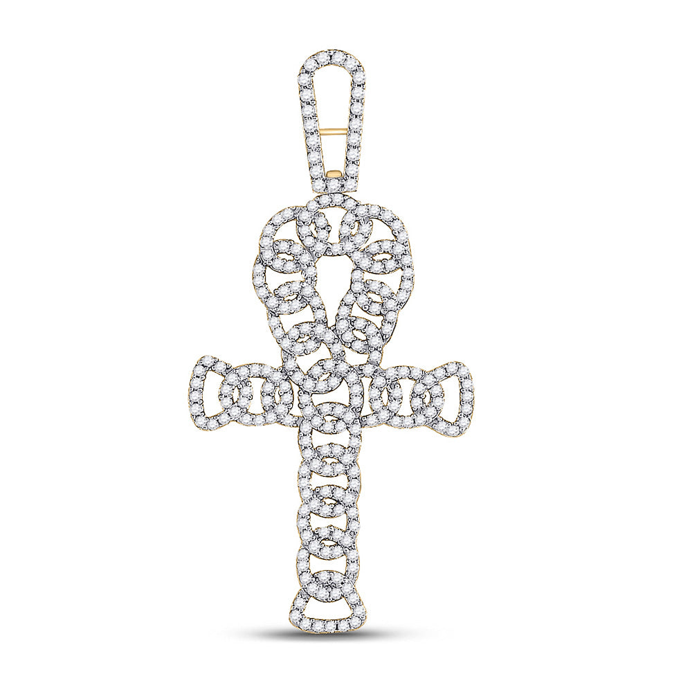 10kt Yellow Gold Mens Round Diamond Ankh Cross Charm Pendant 7/8 Cttw