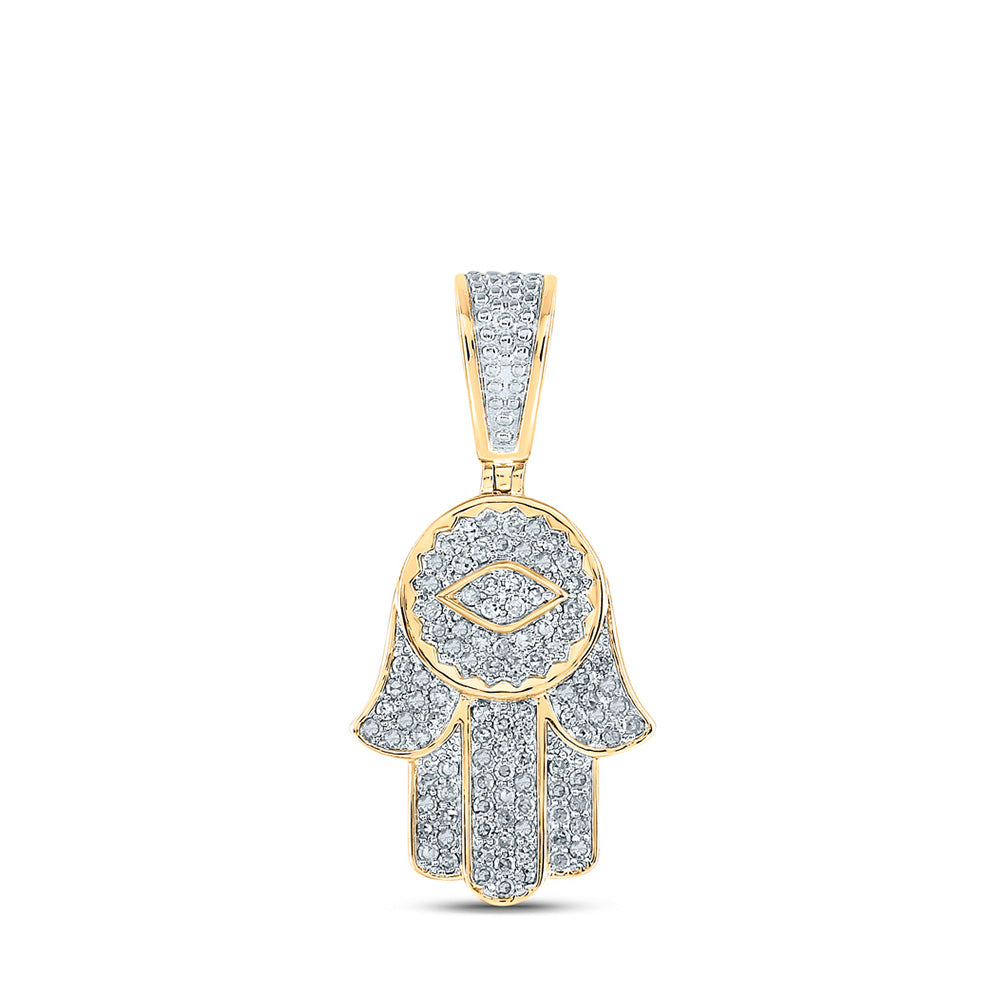 10kt Yellow Gold Mens Round Diamond Hamsa Charm Pendant 7/8 Cttw