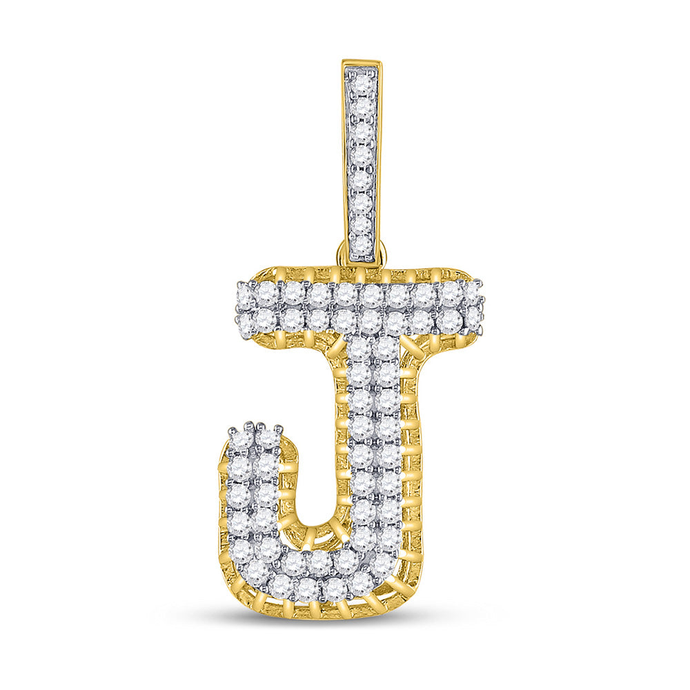 10kt Yellow Gold Mens Round Diamond J Letter Charm Pendant 1-1/4 Cttw