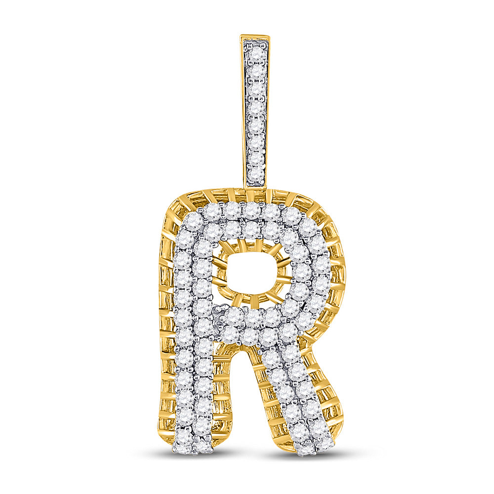 10kt Yellow Gold Mens Round Diamond R Letter Charm Pendant 1-3/8 Cttw