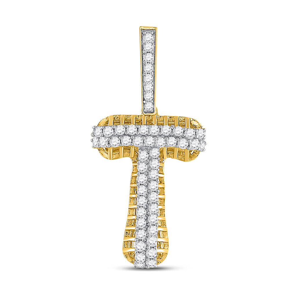 10kt Yellow Gold Mens Round Diamond T Letter Charm Pendant 1 Cttw
