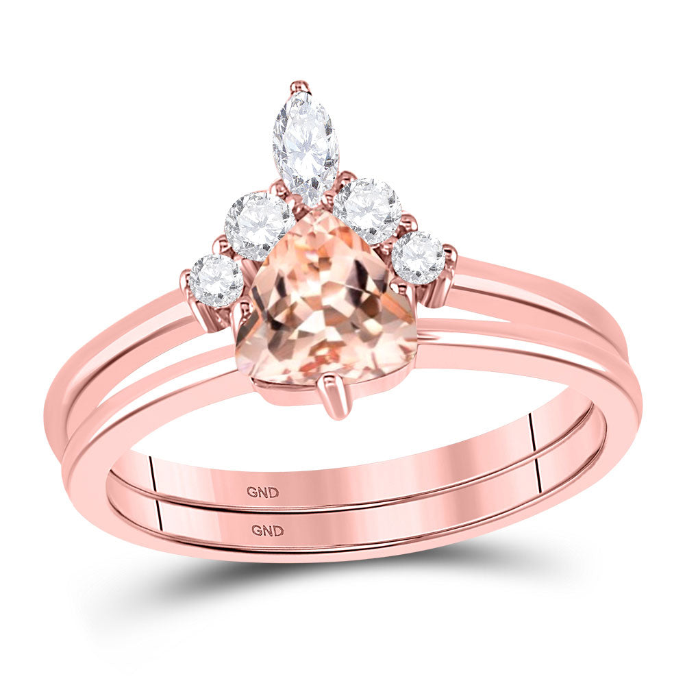 10kt Rose Gold Womens Trillion Morganite Solitaire Bridal Wedding Ring Band Set 7/8 Cttw
