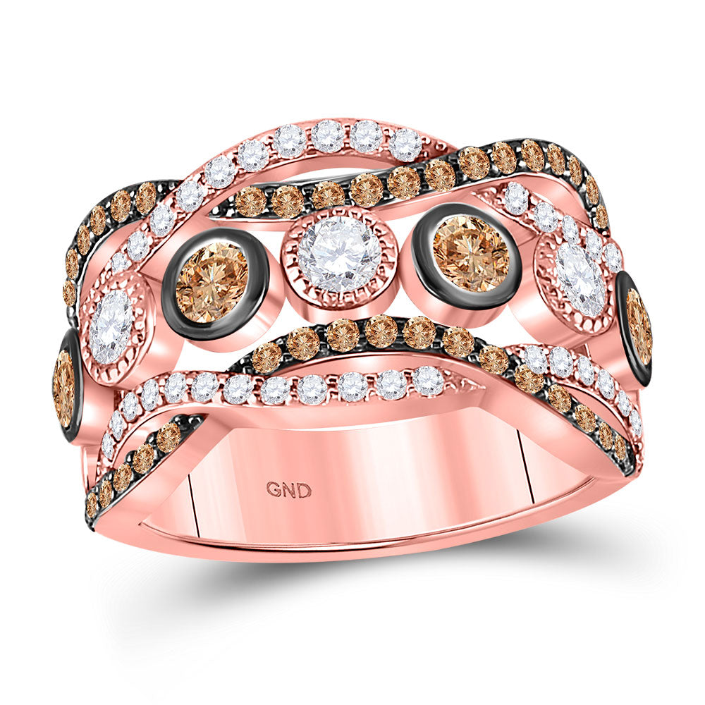 14kt Rose Gold Womens Round Brown Diamond Fashion Band Ring 1-3/4 Cttw