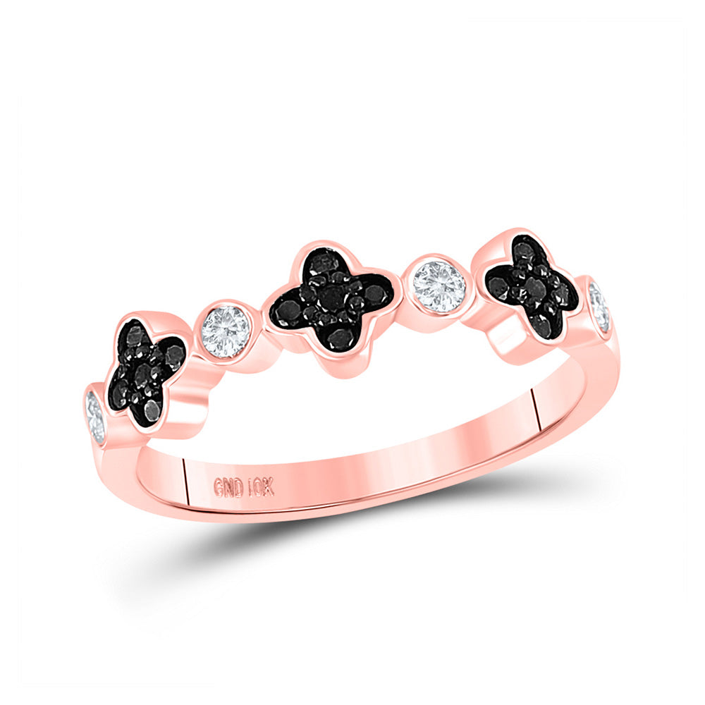 10kt Rose Gold Womens Round Black Color Enhanced Diamond Clover Band Ring 1/4 Cttw
