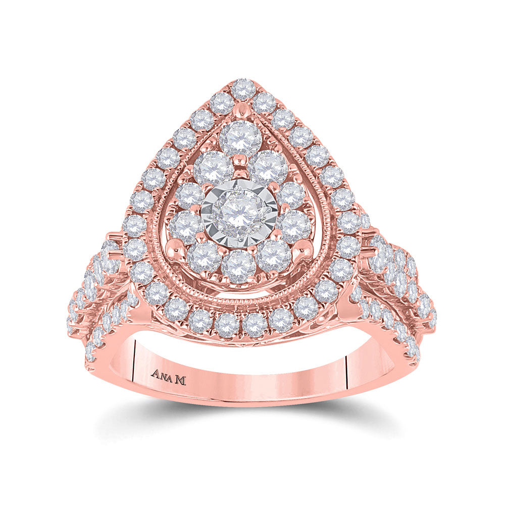 14kt Rose Gold Womens Round Diamond Pear Teardrop Ring 1-3/4 Cttw