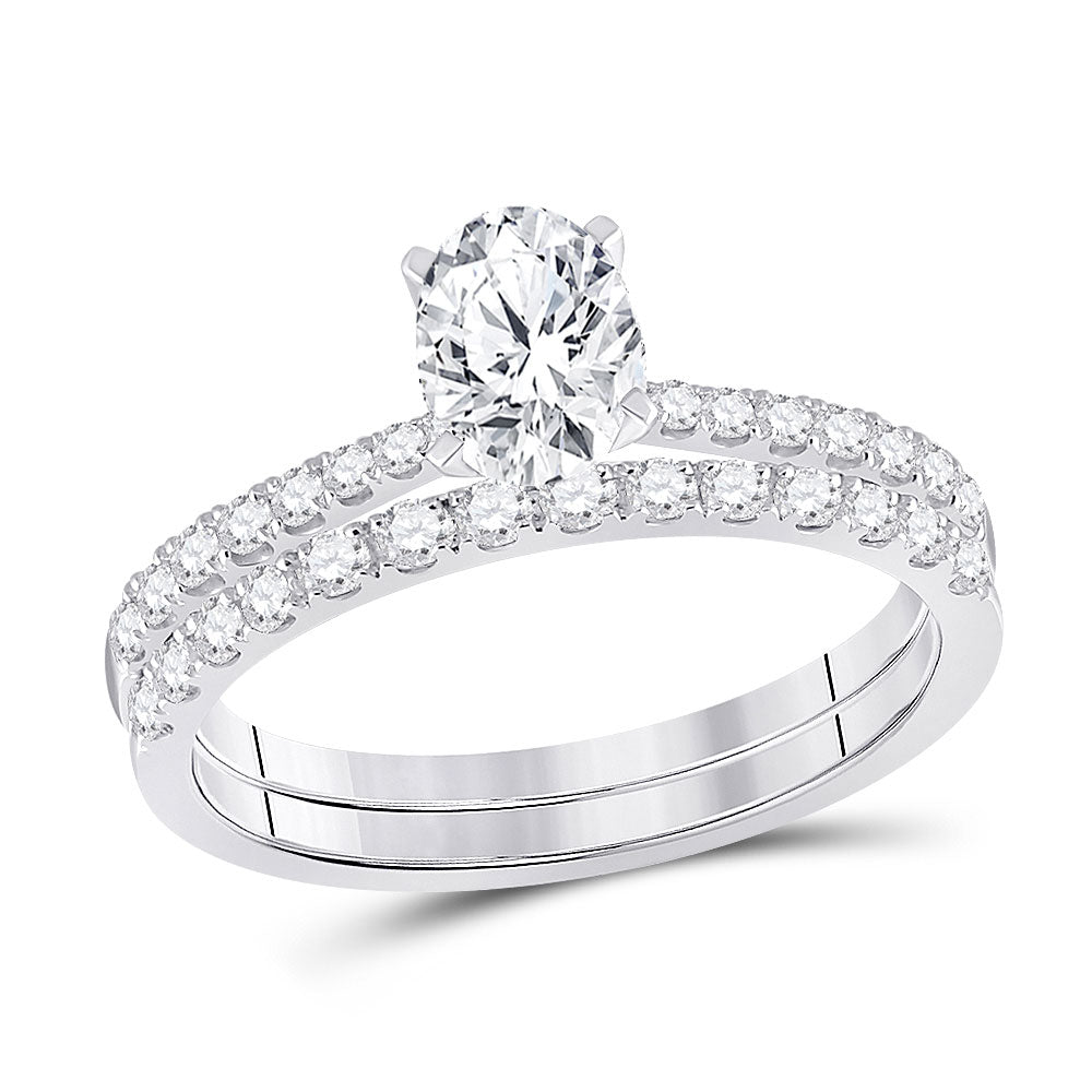 14kt White Gold Oval Diamond Bridal Wedding Ring Band Set 1-1/5 Cttw