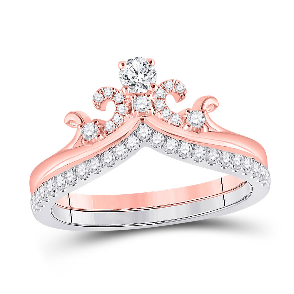 14kt Two-tone Gold Round Diamond Crown Tiara Bridal Wedding Ring Band Set 1/2 Cttw