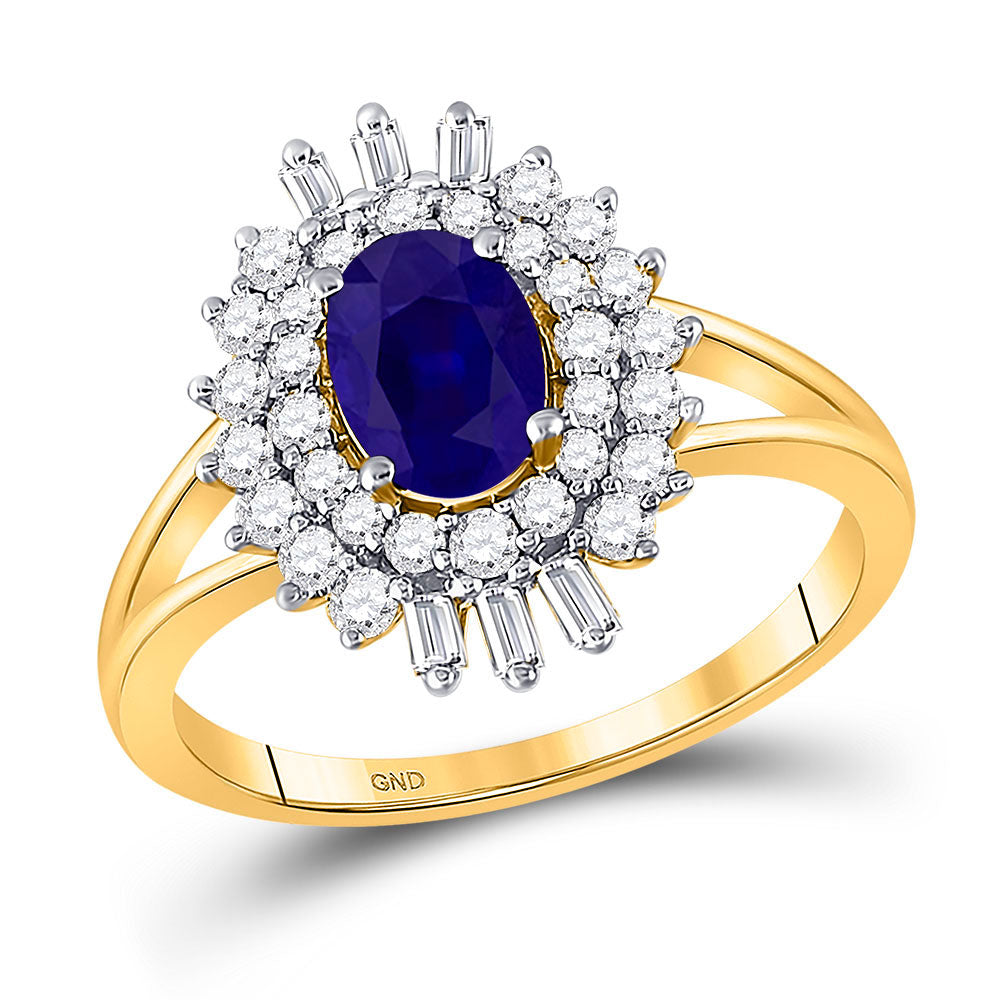 14kt Yellow Gold Womens Oval Blue Sapphire Diamond Solitaire Ring 1-1/3 Cttw