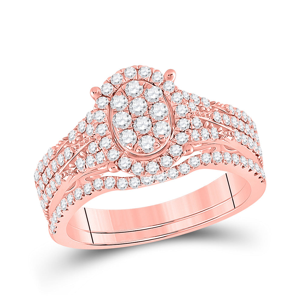 14kt Rose Gold Womens Round Diamond Cluster Bridal Wedding Ring Band Set 7/8 Cttw