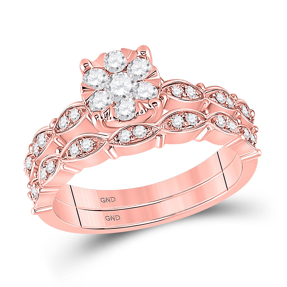 14kt Rose Gold Round Diamond Bridal Wedding Ring Band Set 1/2 Cttw
