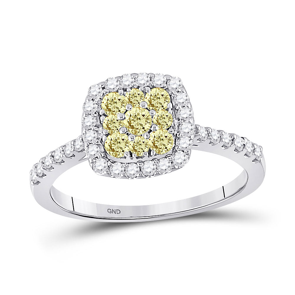 14kt White Gold Womens Round Yellow Diamond Square Cluster Ring 3/4 Cttw