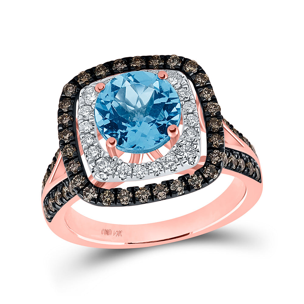 14kt Rose Gold Womens Round Blue Topaz Brown Diamond Halo Ring 1 Cttw