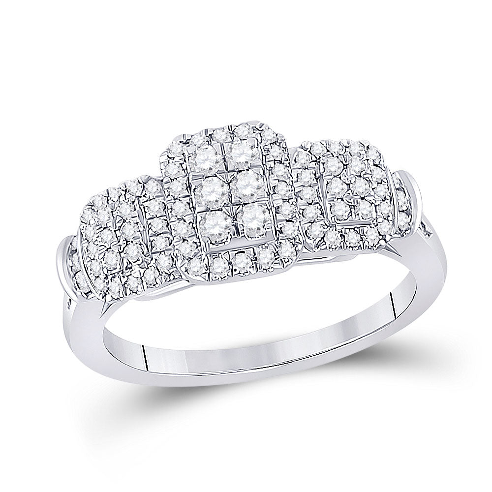 10kt White Gold Womens Round Diamond Triple Rectangle Cluster Ring 1/2 Cttw