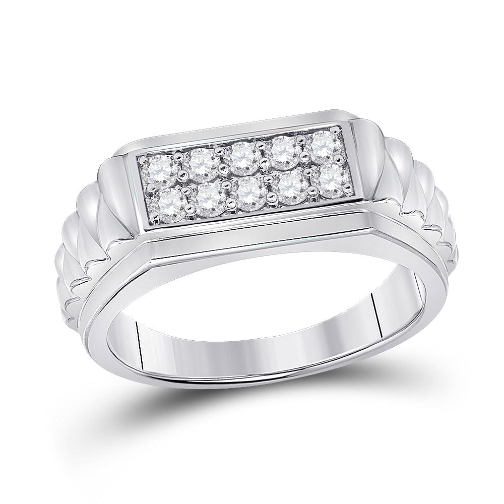 10kt White Gold Mens Round Diamond Ribbed Flat Top Band Ring 1/2 Cttw