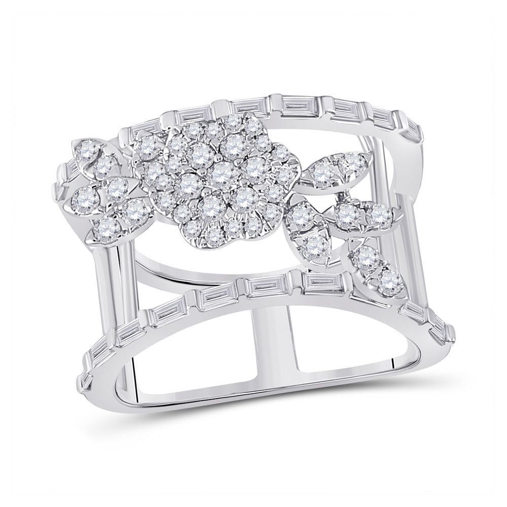 14kt White Gold Womens Baguette Diamond Flower Anniversary Ring 1 Cttw