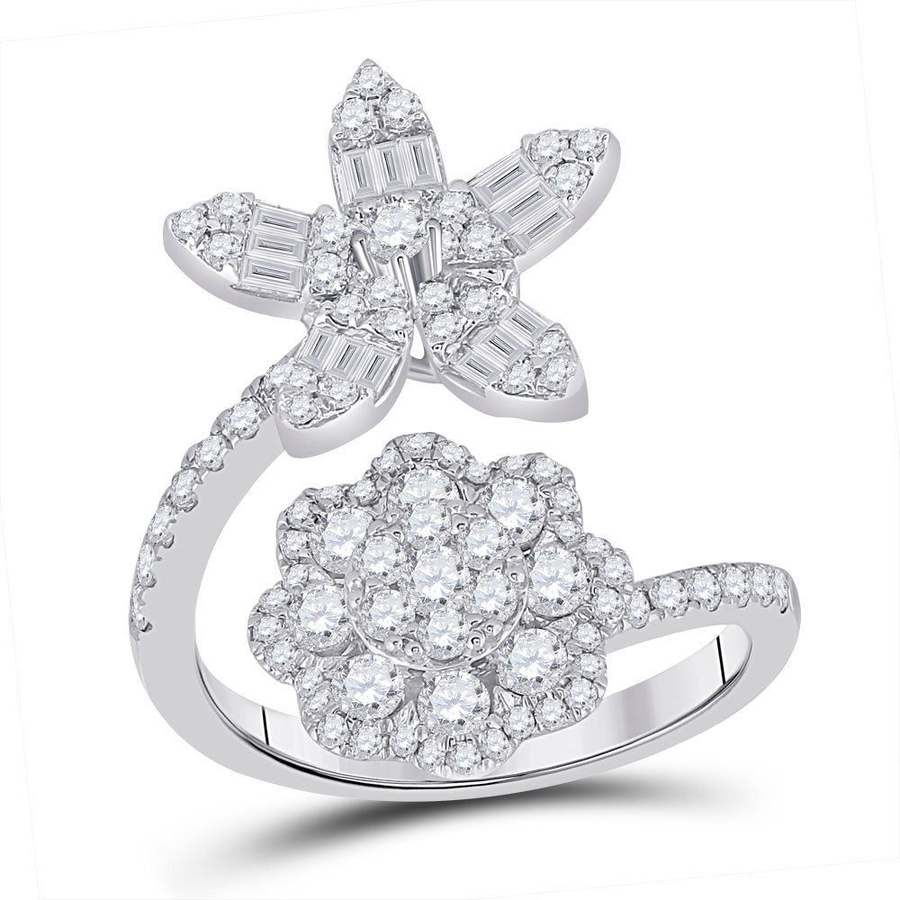 14kt White Gold Womens Baguette Diamond Bypass Flower Cocktail Ring 1-1/3 Cttw