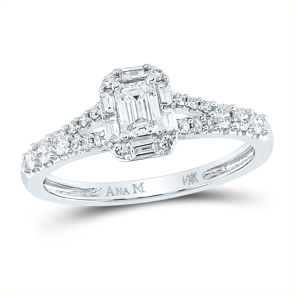 14kt White Gold Emerald Diamond Halo Bridal Wedding Engagement Ring 5/8 Cttw