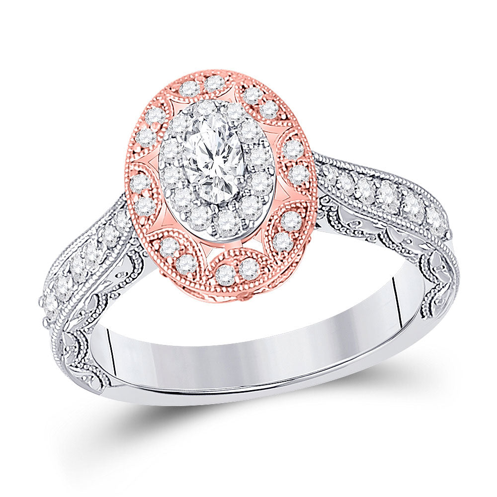 14kt Two-tone Gold Oval Diamond Halo Bridal Wedding Engagement Ring 3/4 Cttw