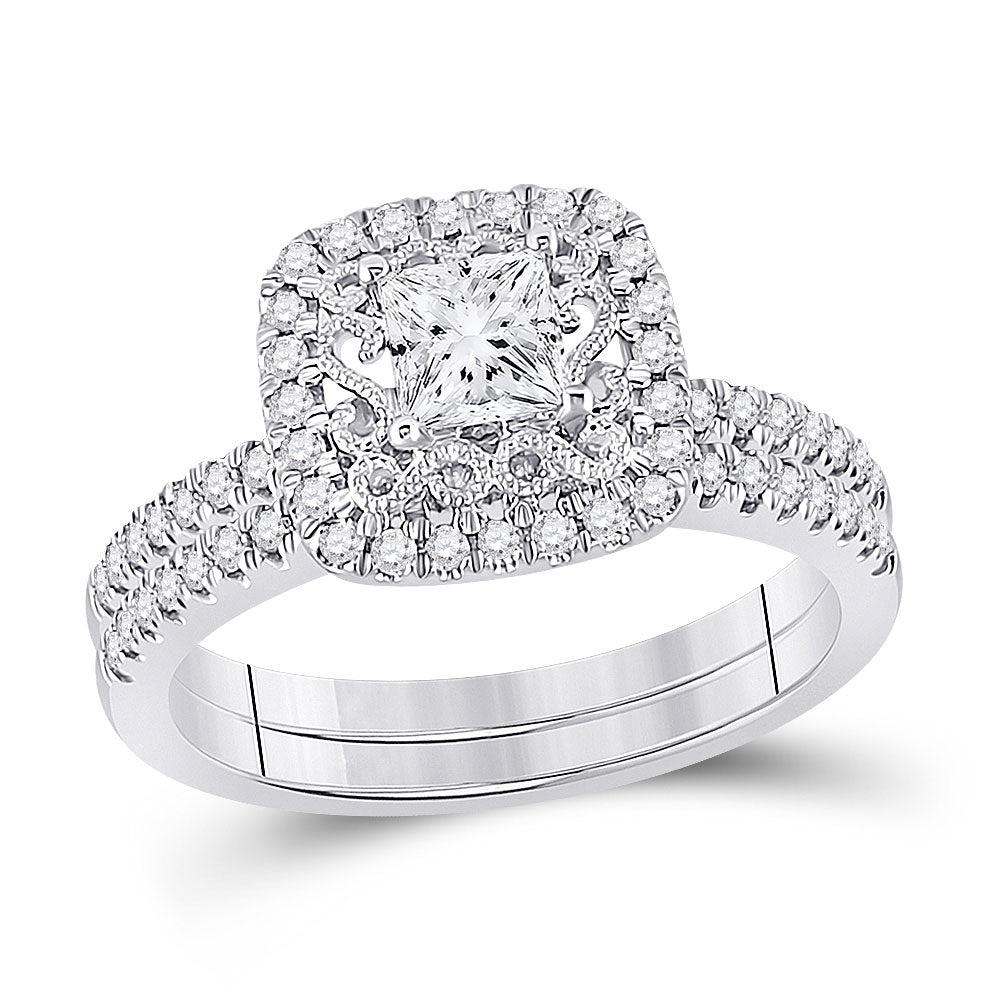 14kt White Gold Princess Diamond Bridal Wedding Ring Band Set 1 Cttw