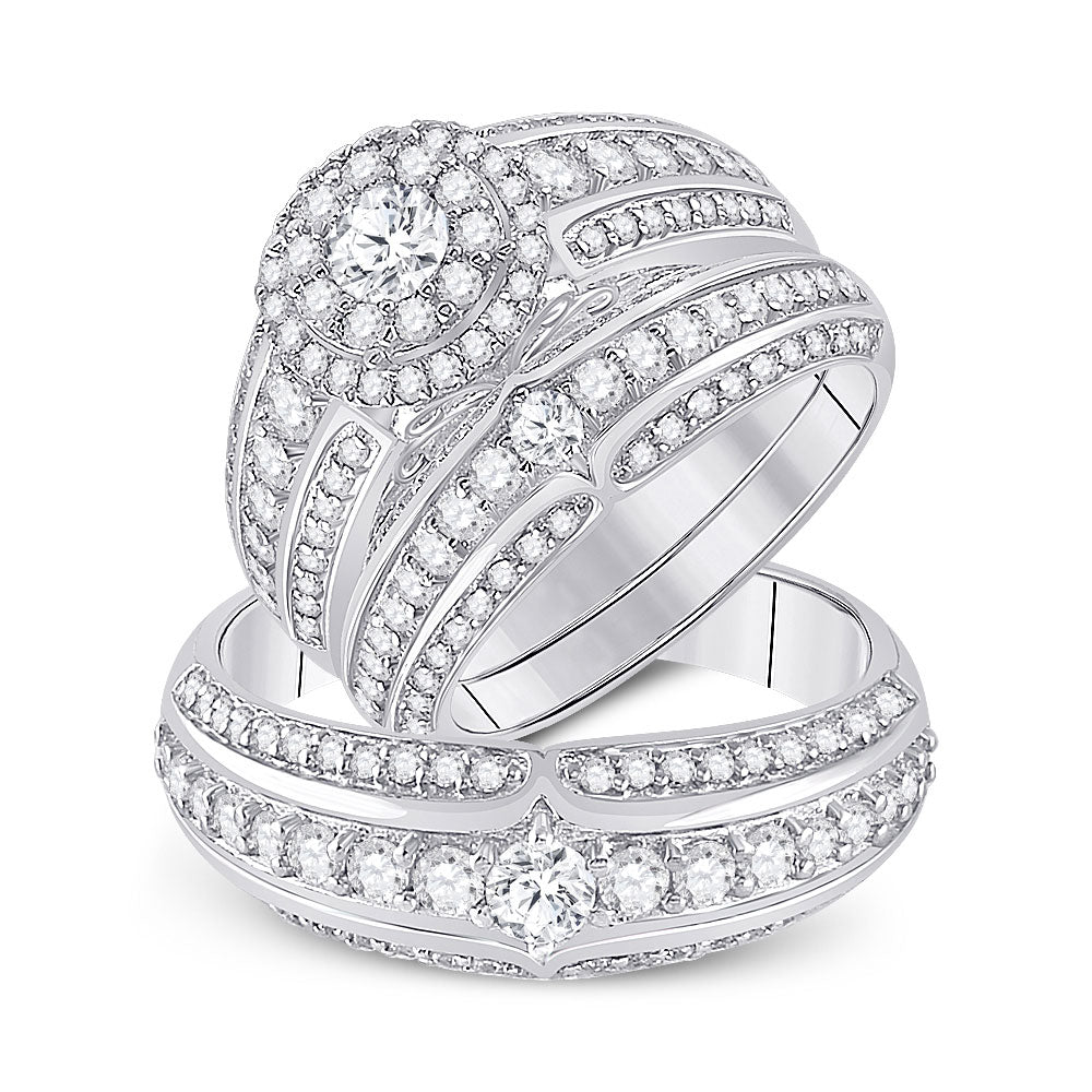 14kt White Gold His Hers Round Diamond Halo Matching Wedding Set 2-1/3 Cttw