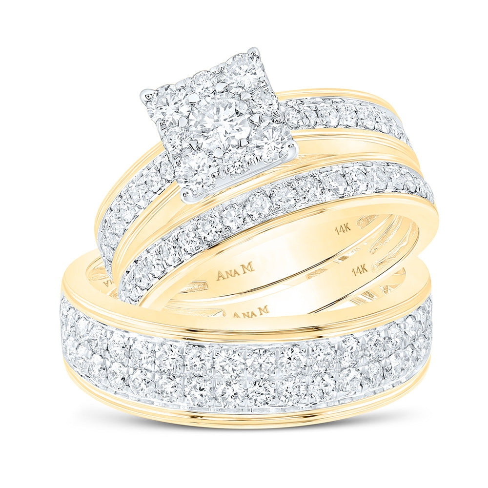 14kt Yellow Gold His Hers Round Diamond Cluster Matching Wedding Set 2-1/5 Cttw