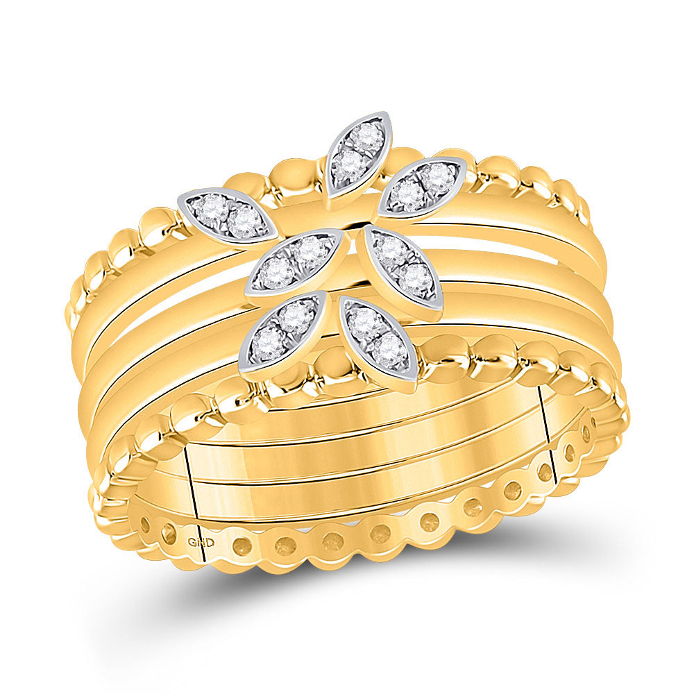 14kt Yellow Gold Womens Round Diamond 5-Piece Leaf Stackable Band Ring Set 1/10 Cttw