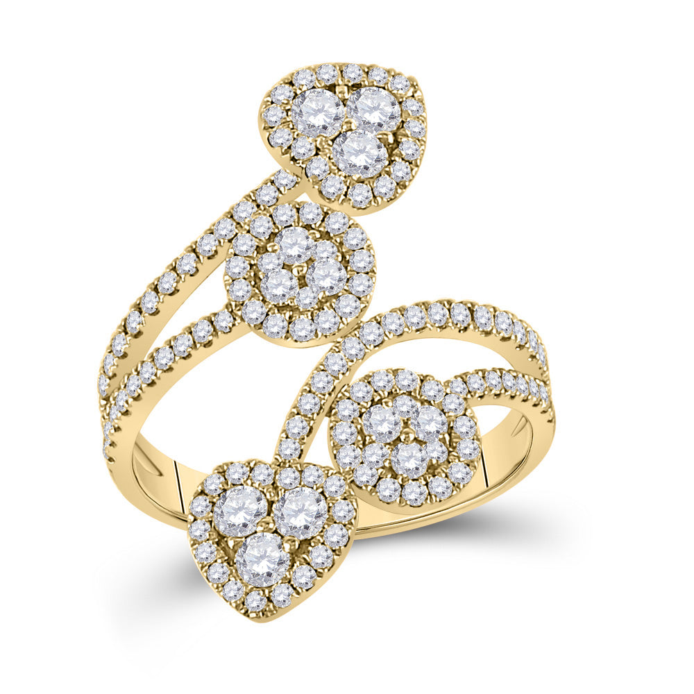 14kt Yellow Gold Womens Round Diamond Bypass Cluster Heart Ring 1-1/4 Cttw
