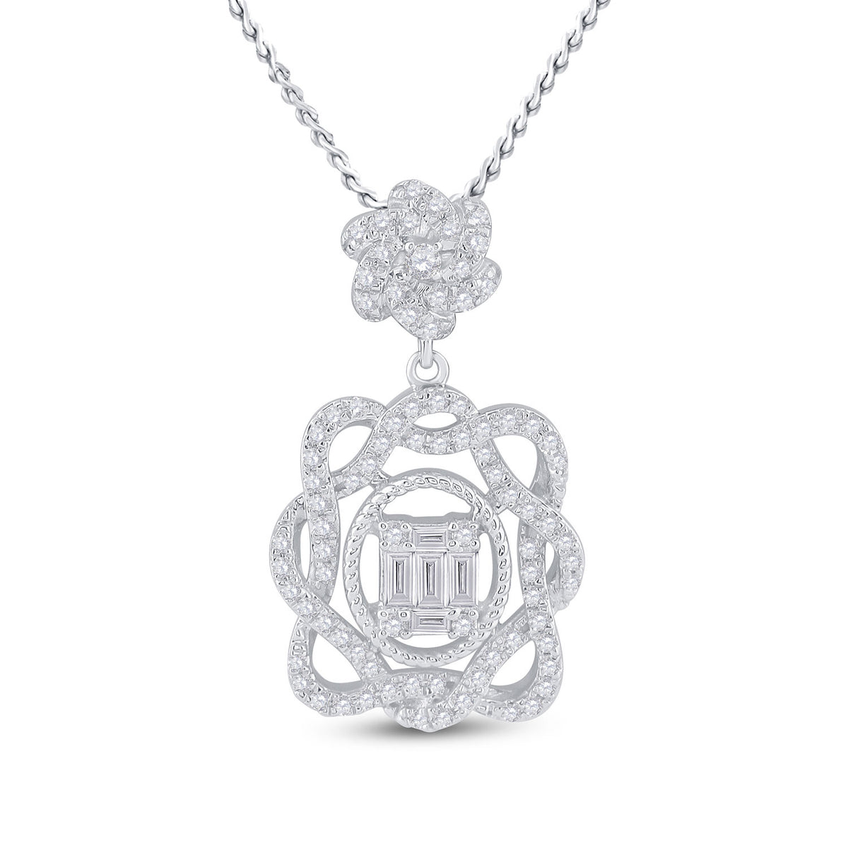 14kt White Gold Womens Baguette Diamond Dangle Oval Pendant 3/8 Cttw